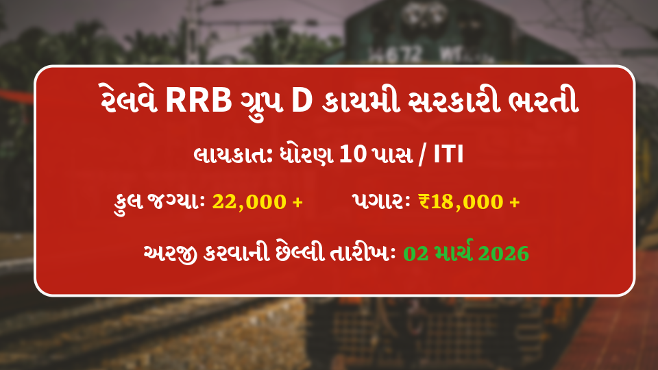 Railway RRB Group D 2026 government recruitment banner showing 22,000 vacancies, 10th pass or ITI qualification, salary 18000 per month and last date 02 March 2026 in Gujarati